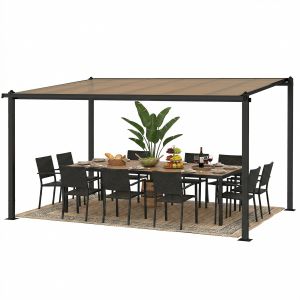 Outsunny Pergola adoss&eacute;e 3,8 x 3 m avec toit en polycarbonate, structure rigide en aluminium avec goutti&egrave;res int&eacute;gr&eacute;es, gris fonc&eacute;