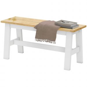 HOMCOM Banc pour 2 personnes, Banc en bois imitation ch&ecirc;ne, barre transversale stabilisatrice, pour salon, salle &agrave; manger, couloir, bois d'h&eacute;v&eacute;a, blanc