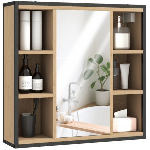HOMCOM Armoire murale salle de bain avec miroir, 52 x 24,5 cm avec 6 compartiments ouverts et étagère réglable, chêne
