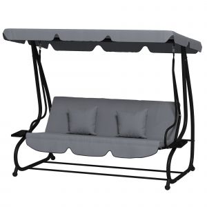Outsunny Balancelle de jardin 3 places convertible toit inclinaison réglable 2 tablettes 2 x 1,2 x 1,64 m acier gris foncé