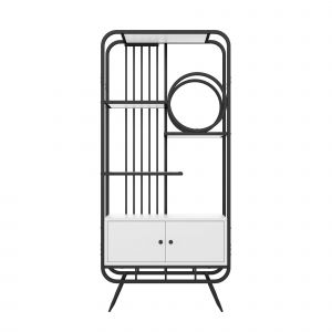&Eacute;tag&egrave;re en m&eacute;tal, trois tablettes et d&eacute;coration ronde, armoire de rangement blanche avec double porte, 80x30x180 cm, Blanc + Noir