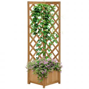 Outsunny Bac à Fleurs de Jardin en Bois de Sapin Marron avec Treillis pour Plantes Grimpantes et Décorations, 40x40x145 cm