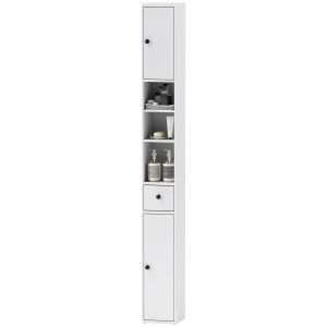 HOMCOM Colonne de Salle de Bain Gain de Place avec 2 Armoires, 3 Étagères Ouvertes et Tiroir, en Bois, 20x20x178 cm, Blanc