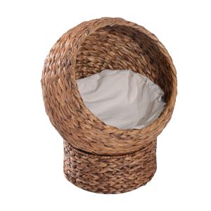 PawHut Panier à Chat en Rotin Nid de Chat Cabane pour Chat Lit pour Chat avec Coussin Lit pour Animaux Jonc d'Eau Marron Clair 50 x 42 x 60 cm