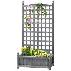 Outsunny Jardini&egrave;re sur&eacute;lev&eacute;e avec treillis Bac &agrave; fleurs Treillage Roseraie avec Support pour plantes grimpantes Jardin en bois Gris 64 x 28 x 120 cm