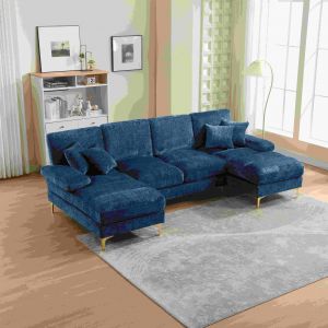 Grand canapé d'angle en forme de U en tissu chenille moderne et confortable, Bleu