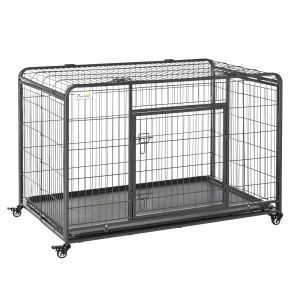PawHut Caisse de Transport Pliable pour Chiens avec Porte Grillagée, Couvercle Ouvrant et Plateau Amovible sur Roulettes   Aosom France