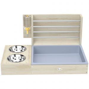 PawHut R&acirc;telier &agrave; Foin en Bois pour Lapin Mangeoire Lapin 3 en 1 avec Bac &agrave; Liti&egrave;re et Bouteille d'Eau 58x40x32cm Bois Naturel