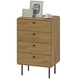 HOMCOM Commode 4 tiroirs, meuble de rangement étroit avec pieds en acier, coins arrondis, 60 x 39 x 91,5 cm, chêne