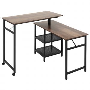 HOMCOM Bureau d'angle bureau industriel en bois 3 formes modulables plateau pivotant &agrave; 360&deg; dot&eacute; de 2 roulettes avec frein