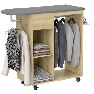 HOMCOM Armoire &agrave; repasser en bois table &agrave; repasser avec roulettes barre de suspension &eacute;tag&egrave;re 125 x 43,5 x 102,5 cm bois naturel