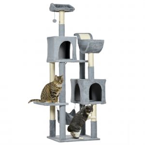 PawHut Arbre à Chat avec Hamac, Coussin et 2 Maisons, en Particules et Peluche, 55x49x177 cm, Gris et Blanc