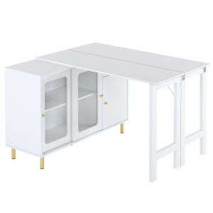 Buffet moderne avec plateau rabattable, surface pivotante, pieds en m&eacute;tal dor&eacute; et portes coulissantes en verre, 116x40x78,5 cm, Blanc