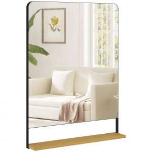 HOMCOM Miroir mural 80 x 60 cm avec &eacute;tag&egrave;re en bois, miroir rectangulaire moderne avec cadre en m&eacute;tal, noir