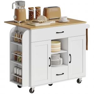 HOMCOM &Icirc;lot de cuisine roulant, plan de travail rabattable, portes d'armoire Soft-Close, tiroirs, porte-serviettes, MDF, Blanc