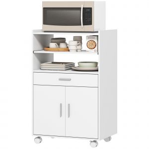 HOMCOM Chariot de cuisine sur roulettes, desserte micro-onde à roulettes avec placard tiroir étagères, 59 x 40 x 92 cm, blanc