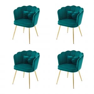 Ensemble 4 chaises salle à manger, salon en velours avec dossier en forme de pétale, pieds métalliques dorés et coussins en forme de papillon, Vert