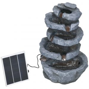 Outsunny Fontaine de jardin &agrave; &eacute;nergie solaire roche en cascade &agrave; 5 niveaux en r&eacute;sine avec lumi&egrave;res LED et pompe gris