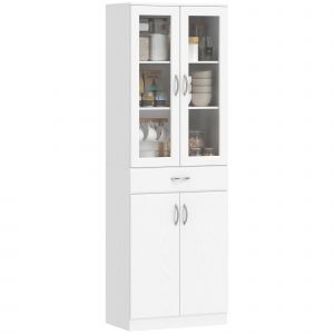 HOMCOM Armoire de cuisine Buffet avec &eacute;tag&egrave;re r&eacute;glable Tiroir 2 portes Meuble haut avec porte vitr&eacute;e 60 x 35 x 180 cm Blanc