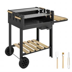Outsunny Chariot &agrave; barbecue de bois avec 2 grilles r&eacute;glables, barbecue au charbon de bois sur roulettes, tablette lat&eacute;rale, noir