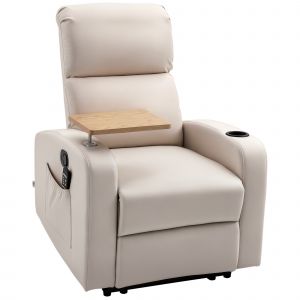 HOMCOM Fauteuil Massant et Relaxant Électrique, Inclinable avec Tablette, Poches Latérales et Télécommande - Tissu Beige   Aosom France