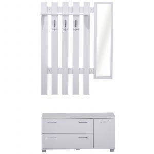 Homcom Ensemble de Meubles d’Entrée Vestiaire d’Entrée Panneau Porte-Manteau Miroir Meuble à Chaussures 3 Patères Triple Étagère Blanc aosom france