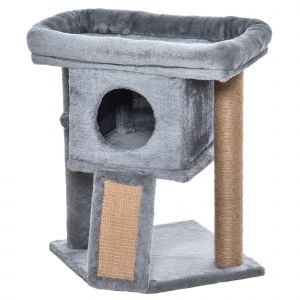 PawHut Arbre &agrave; chat hauteur de 57 cm avec griffoir en jute, niche, plateforme et balle de jeu, en tissu peluche gris clair