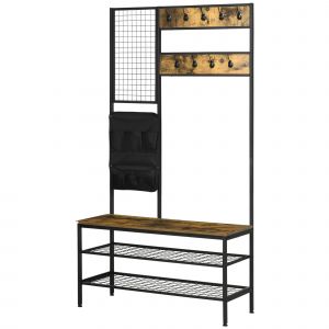 HOMCOM Porte-Manteau au Design Industriel, 1 Tableau Mémo, 1 Banc à Chaussures, 8 Crochets pour Vêtements, 1 Sac de Rangement, Noir + Marron