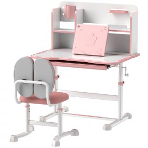 AIYAPLAY Set Bureau et Chaise pour Enfants Réglables, Bureau d'École avec Plan Inclinable, Tiroir, Étagère, Rose