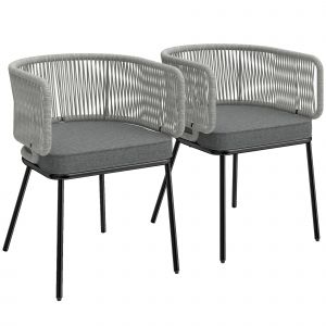 Outsunny Lot de 2 Fauteuils de Jardin, Dossier et Accoudoirs en Corde R&eacute;sine Tress&eacute;e, Coussins Amovibles, 55x57x75cm, Gris Clair