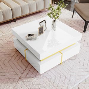 Table basse en laque brillante avec tiroirs et accents dorés, Blanc