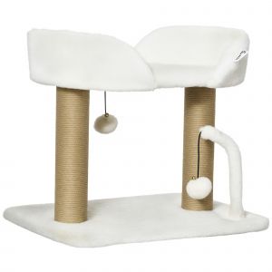 PawHut Arbre &agrave; Chat avec Jeux, 2 Pompons Suspendus, Poteaux en Sisal, Plateforme Peluche 48x38x42cm Beige   Aosom France