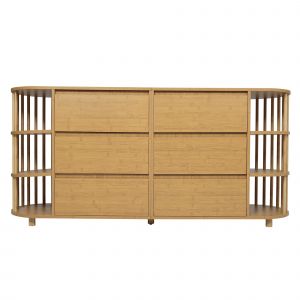 Commode/Buffet, 6 tiroirs & &eacute;tag&egrave;res ouvertes, style romain avec colonnes & &eacute;tag&egrave;res en bambou, 160x40x75 cm, Couleur naturelle