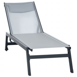 Outsunny Bain de soleil transat en aluminium et textil&egrave;ne avec roulettes et repose-t&ecirc;te dossier inclinable gris clair
