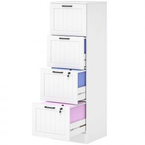 HOMCOM Caisson bureau, meuble rangement bois 4 tiroirs et serrure, barres de suspension réglables, 40 x 40 x 131 cm, blanc