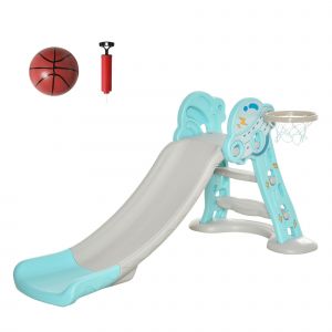 HOMCOM Toboggan pour Enfants à partir de 18 Mois Pliable avec 3 Marches et Panier de Basket, 140x87x75cm, Bleu et Gris