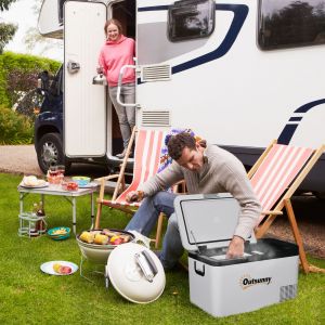 Outsunny Réfrigérateur Portable Électrique 25L 12/24V jusqu'à -20℃ Réfrigérateur et Congélateur à Compresseur pour Voiture avec Lumière LED et Poignées Repliables Faible Consommation Énergétique pour Maison Camping 58,5x33,5x35,2 cm Blanc