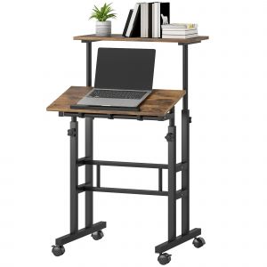 HOMCOM Bureau r&eacute;glable en hauteur Table de cuisine avec &eacute;tag&egrave;re, roulettes, bureau d'ordinateur Brun rustique 60 x 60 x 70,5-120 cm