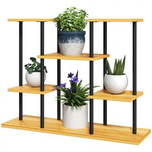 Outsunny Support plantes int&eacute;rieur &eacute;tag&egrave;re plante &agrave; 4 niveaux cadre en acier base bois massif 80 x 24 x 61,5 cm bois naturel