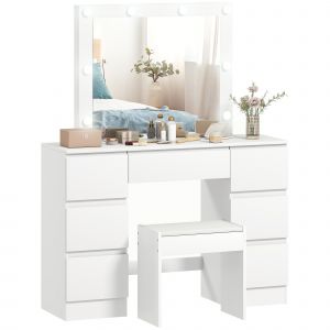 HOMCOM Coiffeuse avec miroir et tabouret table de maquillage avec miroir LED tabouret rembourré 7 tiroirs 110x39,5x140cm blanc