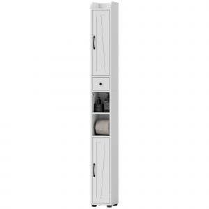 HOMCOM Armoire salle de bain haute, meuble de rangement colonne, 2 portes, tiroir, &eacute;tag&egrave;res r&eacute;glables, 20x20x185cm, blanc