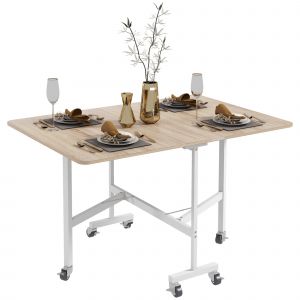 HOMCOM Table pliante sur roulettes, table pour ordinateur portable, table à manger, avec frein de stationnement, Naturel + Blanc