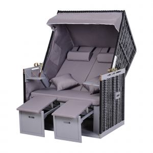 Outsunny Corbeille plage 2 places pliable - Cabine chaise de plage inclinable transat plage bois r&eacute;sine tress&eacute;e polyester 118Lx79Px160Hcm gris