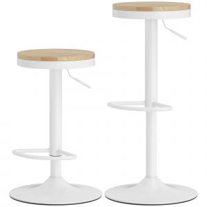 HOMCOM Lot de 2 tabourets de bar, r&eacute;glables en hauteur, pivotants 360&deg; tabouret avec structure en acier repose-pieds 38,5x38,5x60-80 cm Bois naturel+Blanc