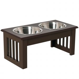 PawHut Gamelle Surélevée Double en Bois Chocolat avec 2 Bols Inox 0,9L pour Chiens/Chats   Aosom France