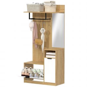 HOMCOM Meuble d'entr&eacute;e 6 en 1, vestiaire d'entr&eacute;e avec banc &agrave; chaussures rabattable, miroir, 80x37x168cm, ch&ecirc;ne