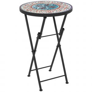Outsunny Table de jardin en mosaïque, Table ronde pliante pour terrasse avec cadre en métal et dessus en céramique, Motif de mosaïque, Multicolore