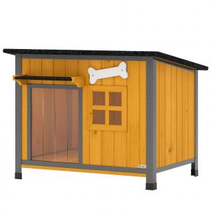 PawHut Maison pour chiens d'ext&eacute;rieur en bois et acier anti-morsures, Toit ouvrant et rideau de porte, Jaune