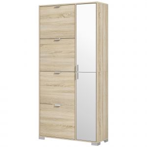 HOMCOM Meuble à chaussures avec 4 abattants, 2 placards et façades miroir pour 16 paires de chaussures, meuble d'entrée