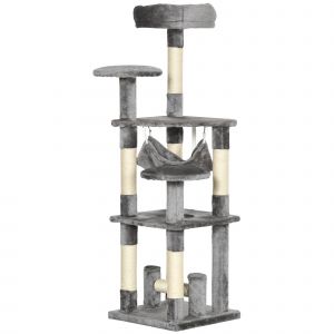 PawHut Arbre à Chat Grattoir pour Chat Tour de Jeu pour Chat Arbre à Chat Hamac Gris L40 x L40 x H132 cm